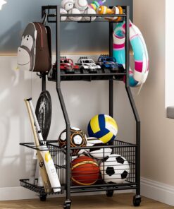 Sports Equipment & Toy Storage Rack with Wheels, 3-Tier Ball Organizer for Balls
