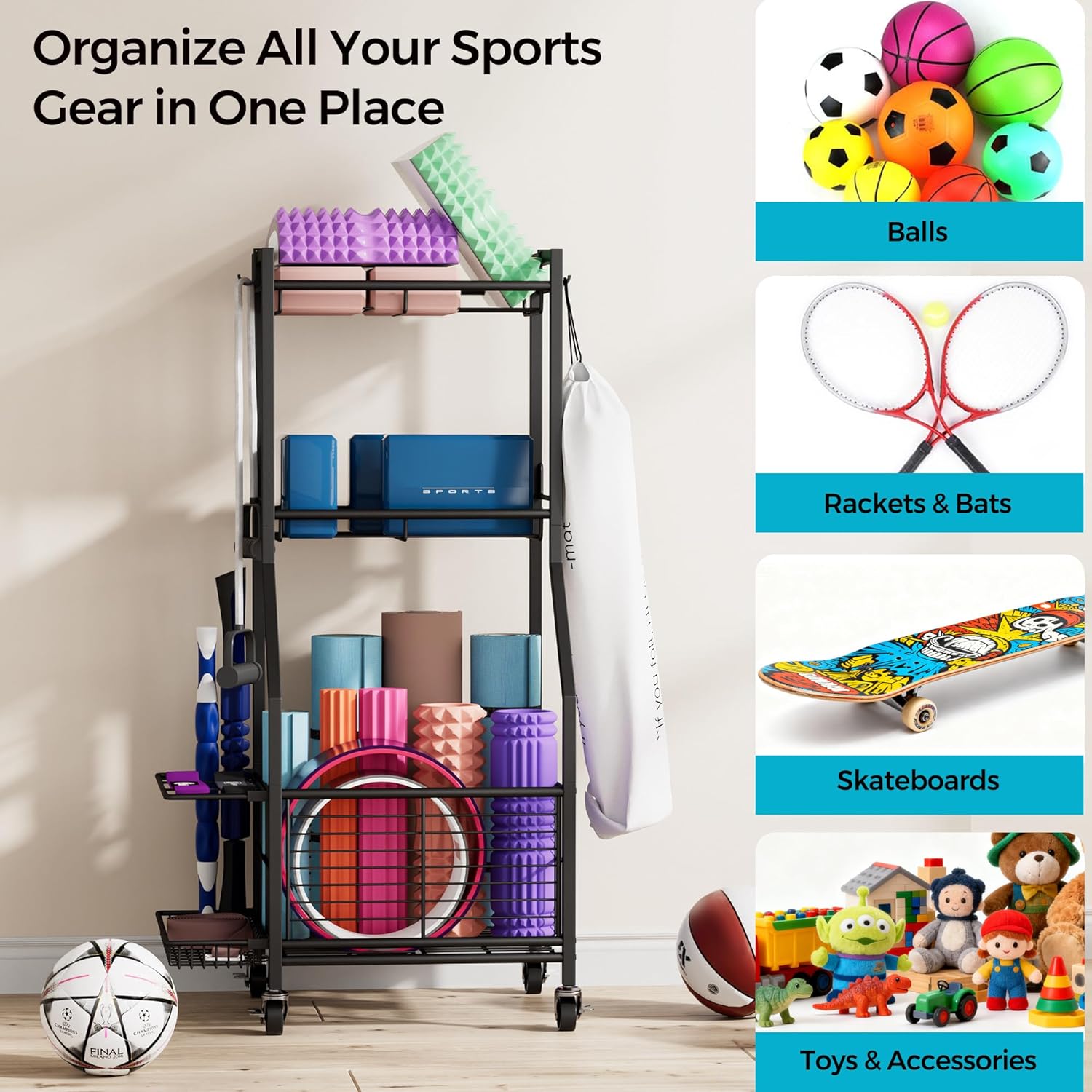 Sports Equipment & Toy Storage Rack with Wheels, 3-Tier Ball Organizer for Balls - Image 3