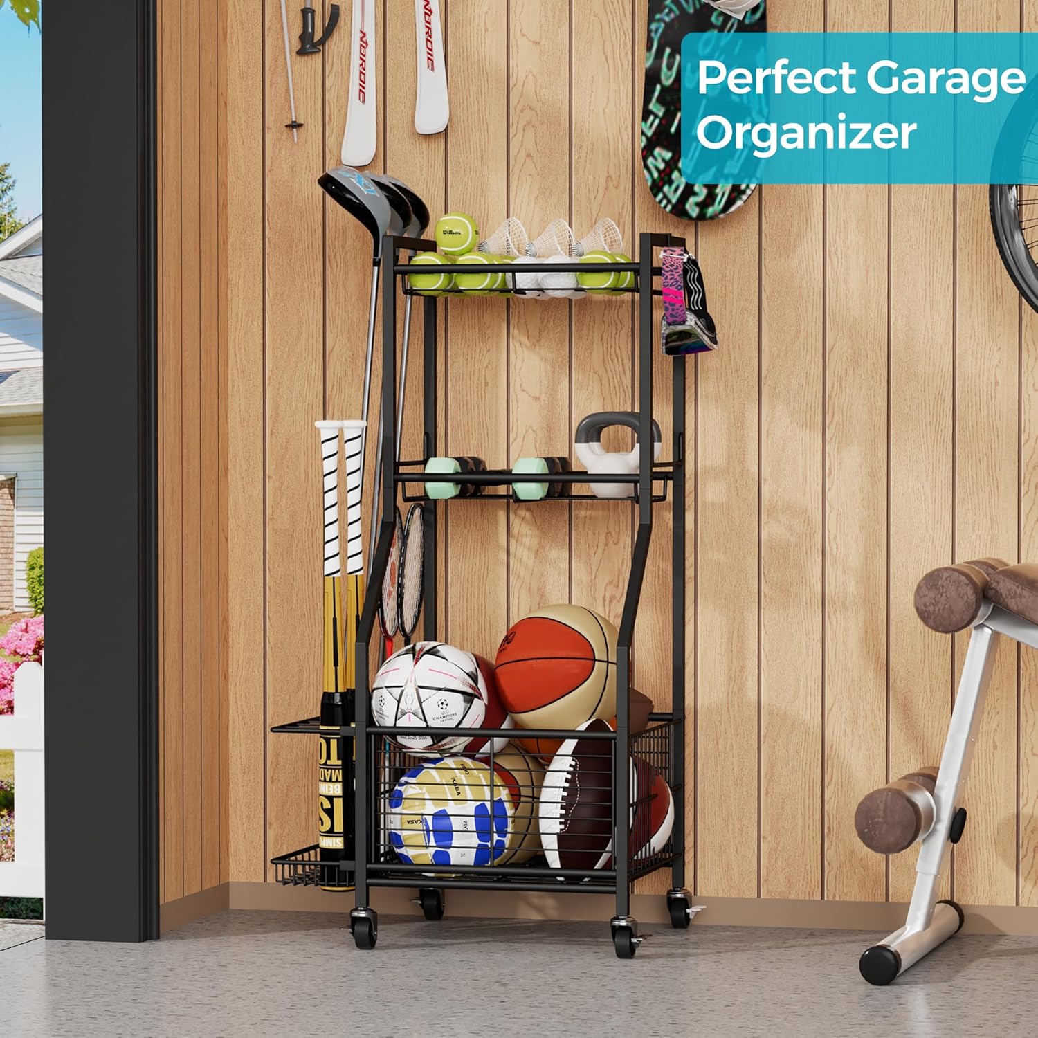 Sports Equipment & Toy Storage Rack with Wheels, 3-Tier Ball Organizer for Balls - Image 5